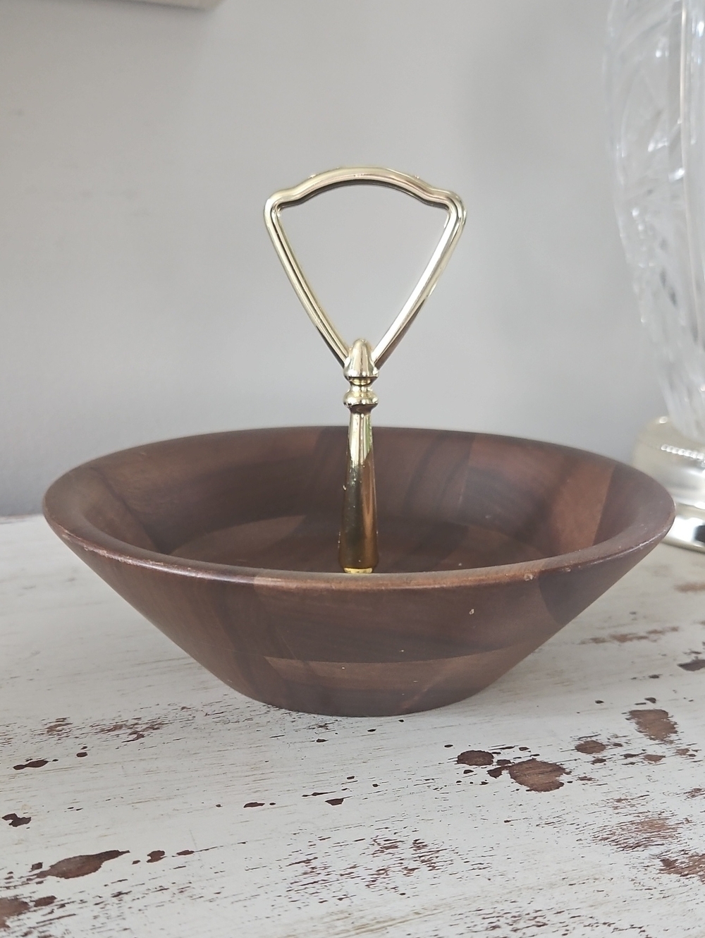 Vintage Walnut Candy/Nut Dish with Gold Handle